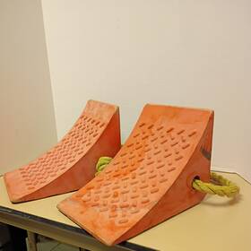 Uline H-1589 High Visibility Wheel Chocks - Urethane 8 Inch X11 X8 With Heavy Duty Rope