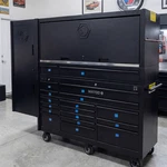 Matco 4S 79X28 Triple Bay 21-DRAWER Toolbox W/ Hutch Top, Side Locker Chest. Fixed Price $7795.00.